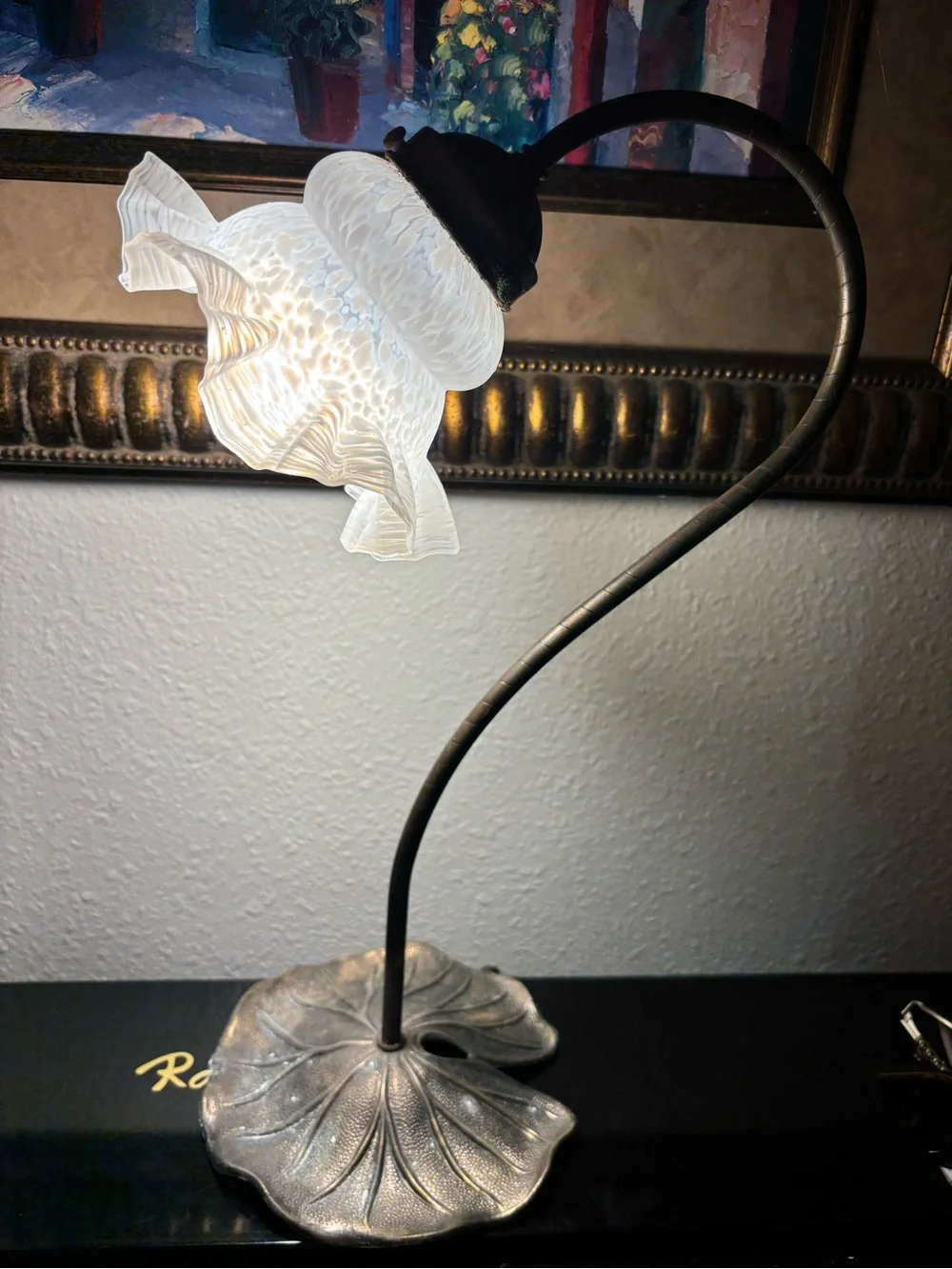 Vintage Glass Shade Table Lamp with Leaf Base